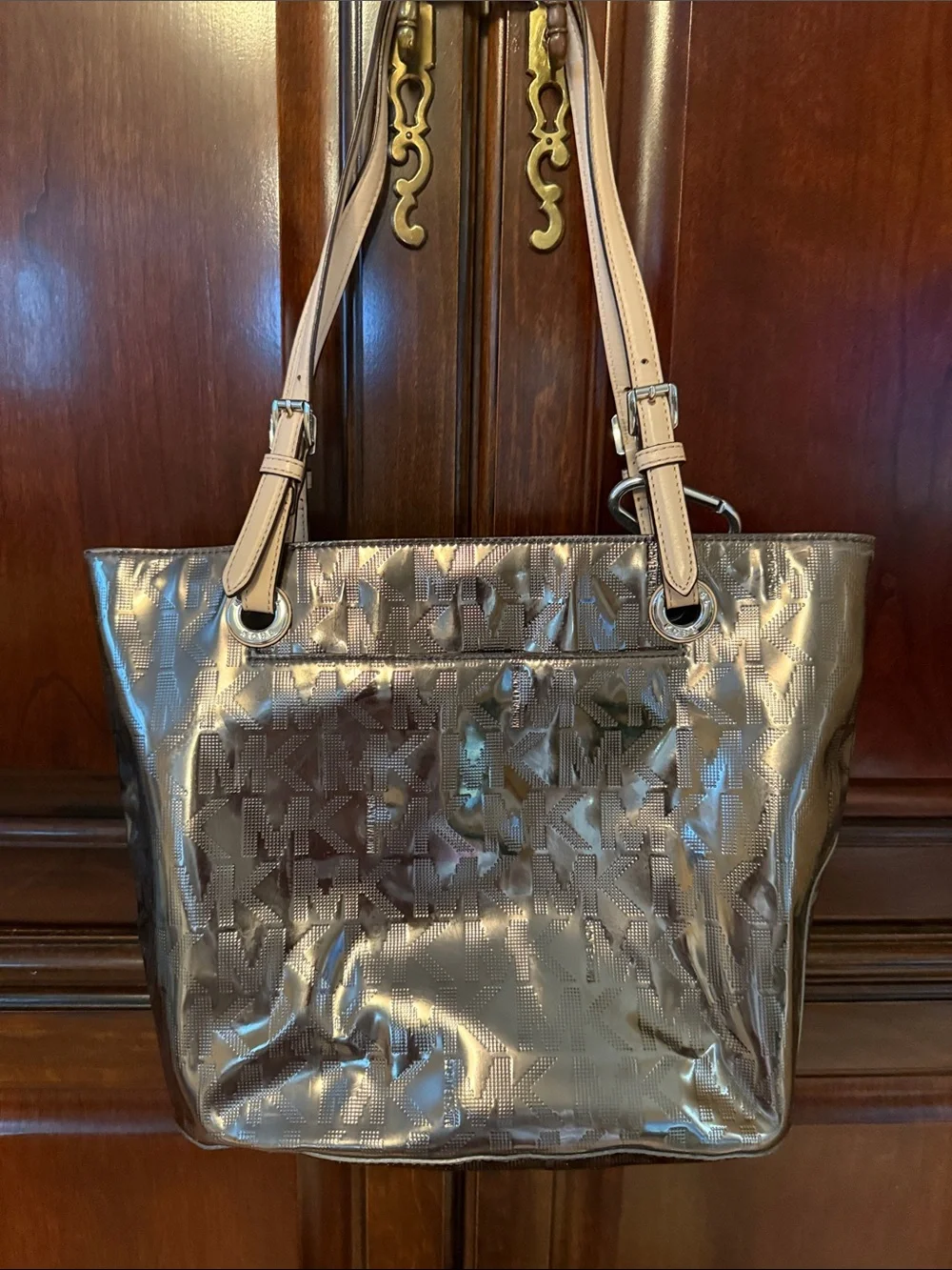 Michael Kors Shimmer Bronze Logo Tote with Beige Straps